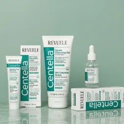 💚😁Revuele Centella Línea Reparadora Facial – Kit de Limpiador Suave, Sérum Regenerador y Gel-Crema Hidratante para Piel Sensible o Con Acne