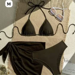 🖤Set de Bikini 3 Piezas Café Chocolate - Top de Triángulo, Braga de Tiro Alto y Pareo de Malla a Juego