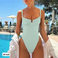 👙💚Traje de baño de una pieza con aros y corte alto - Verde Menta Sofisticado, Escote Barco y Copa Estructurada para Mujer - Ideal para Resort y Piscina
