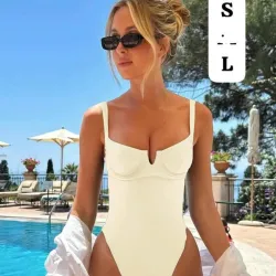 🤍👙Traje de Baño Una Pieza Blanco Marfil con Copas Estructuradas - Enterizo Moldeador de Lujo Tallas S L con Corte Alto - Bañador Elegante Estilo Resort 26 USD