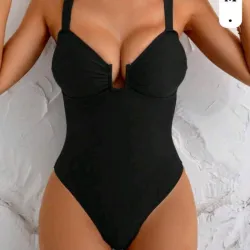 🖤Traje de Baño Una Pieza Negro Moldeador con Copas y Escote Pronunciado - Enterizo Elegante con Control de Abdomen Talla M