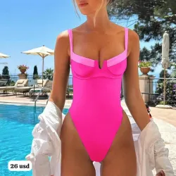 💖👙Traje de Baño Una Pieza Rosa Fucsia y Pastel Color Block - Enterizo Moldeador con Copas y Corte Alto Tallas S M - Bañador Elegante y Vibrante Estilo Resort 26 USD