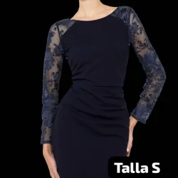 👗 Vestido azul medianoche con mangas de encaje bordado