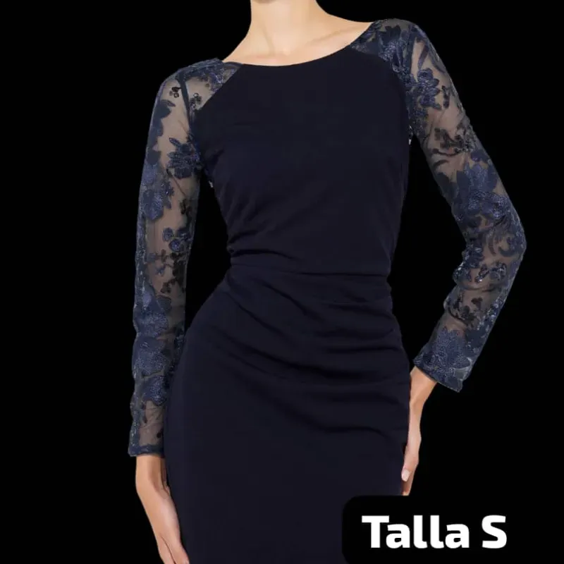 👗 Vestido azul medianoche con mangas de encaje bordado
