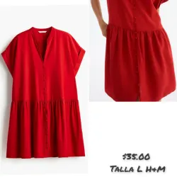 ♥️👗Vestido Camisero H&M Rojo Vibrante — Corte Relajado con Botones Forrados y Volante — Talla L