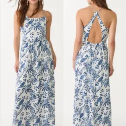 👗Vestido Maxi con Estampado Floral Azul y Espalda Descubierta - Vestido Largo de Verano Stradivarius - Estilo Bohemio Chic