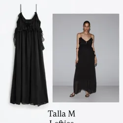 👗✨️​Vestido Maxi Lefties Negro Vaporoso — Diseño de Tirantes con Volantes y Transparencias — Talla M