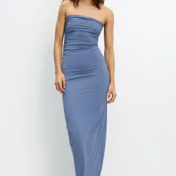 👗Vestido Maxi Pull&Bear "Blue Serenity" — Escote Palabra de Honor con Drapeado Lateral — Talla XL