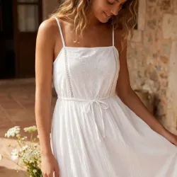 🤍👗Vestido Midi Blanco de Tirantes con Bordado Suizo - Vestido de Algodón Estilo Ibicenco con Cintura Ajustable