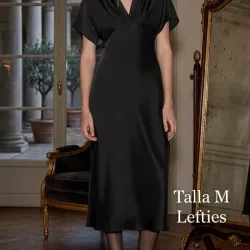 ✨️👗Vestido Midi Lefties Satinado Negro — Diseño de Corte Evasé con Escote en V y Manga Murciélago — Talla M