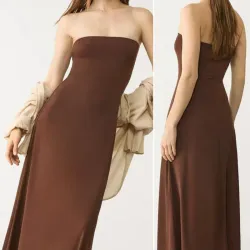 👗🤎​Vestido Midi Stradivarius Minimalista — Escote Palabra de Honor en Tejido Fluido — Talla M