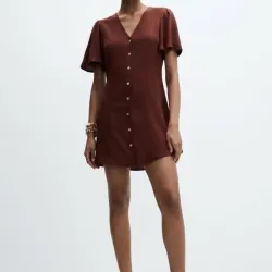 🤎Vestido Mini Chocolate de Corte Evase — Diseño con Botonadura Frontal y Mangas de Vuelo — Talla M