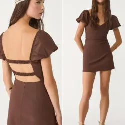 👗Vestido Mini Marrón Stradivarius con Mangas Abullonadas y Espalda Descubierta Estilo Cutout - Talla M