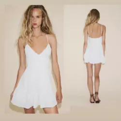 🤍👗Vestido Mini Zara "Ibiza Dream" — Estilo Lencero con Encaje Valencié y Tirantes Finos — Talla L (Ajuste Reducido)