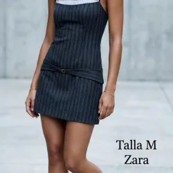 😎Vestido Mini Zara Estilo Pinstripe Gris — Diseño Superpuesto con Cinturón y Cuello Halter — Talla M