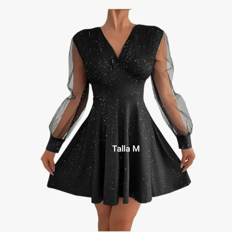 👗 Vestido negro con brillo estelar y mangas transparentes