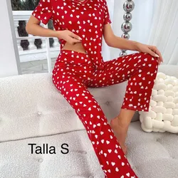 Pijama Rojo de pantalón  ❤️ con corazones blancos 🤍 