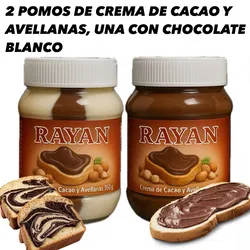 2 POMOS DE CREMA DE CACAO Y AVELLANAS, UNA CON CHOCOLATE BLANCO