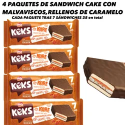 4 PAQUETES DE SANDWICH CAKE CON MALVAVISCOS,RELLENOS DE CARAMELO CADA PAQUETE TRAE 7 SÁNDWICHES 28 en total