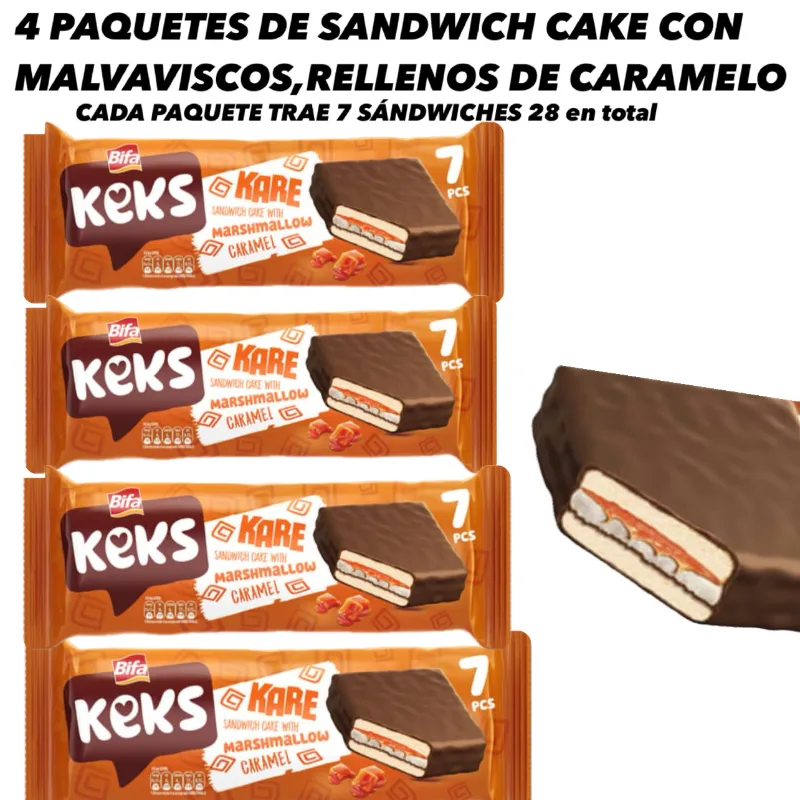 4 PAQUETES DE SANDWICH CAKE CON MALVAVISCOS,RELLENOS DE CARAMELO CADA PAQUETE TRAE 7 SÁNDWICHES 28 en total 