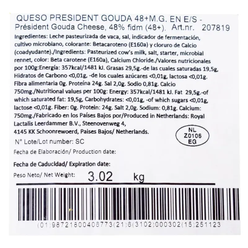 QUESO GOUDA PRESIDENT ENTERO ( 3kg≈6.6lb) 🧀