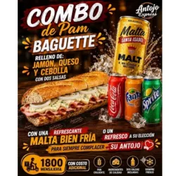 Combo de Pan baguette relleno de jamón y queso gouda con cebolla y dos salsas a su elección acompañado de un refresco o una rica malta bien fría