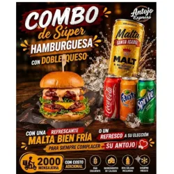 Combo de Súper Hamburguesa doble con doble queso gouda y dos salsas a su elección acompañada de un refrescante refresco o una malta bien fría