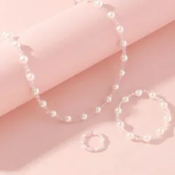 collar + pulsera + anillo de perlas blancas con critales🤍