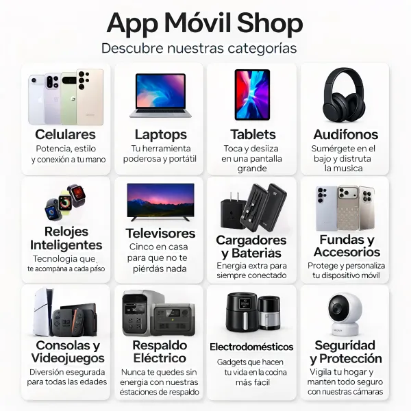 🔹App Móvil Shop es tu tienda digital de confianza, donde la tecnología y el buen servicio van de la mano. Aquí no solo vendemos celulares... Vendemos experiencias completas.
📱💻🎧 Con más de 300 productos a su disposición, desde smartphones, laptops, tablets, televisores hasta batería externas (Power Banks), audífonos inalámbricos y de cable, bocinas inalámbricas, electrodomésticos y equipos de cocina profesional Ninja y estaciones de respaldo energético para cuando falla el fluido eléctrico.
Porque sabemos que en la variedad está el gusto... ¡y en la calidad está la confianza!
🛍️ Todos nuestros productos están cuidadosamente seleccionados para ofrecerte lo mejor del mercado, con garantía, asesoría y ese toque de atención personalizada que tanto se valora.
🔶 ¿Listo para equiparte con lo mejor? No te preocupes, aquí lo único que se agota rápido son los productos... no la buena atención.
