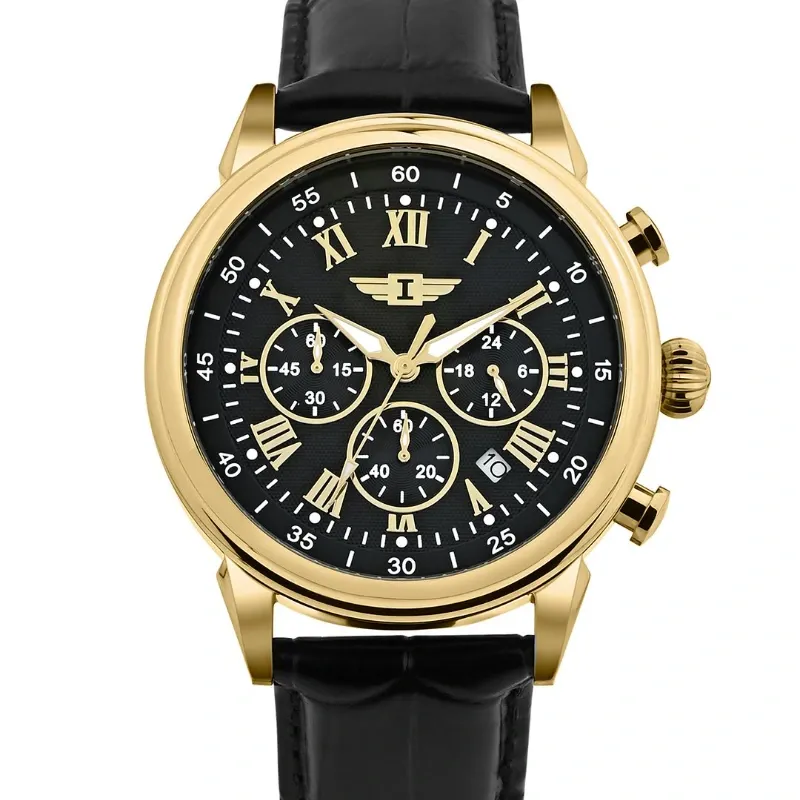 Reloj INVICTA cronógrafo 90242-003 Cuarzo Japonés, Caja 44mm en ORO ROSA y manillas de cuero legítimo negras NUEVO.