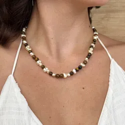 Collar perlas irregulares y ojo de tigre🤎