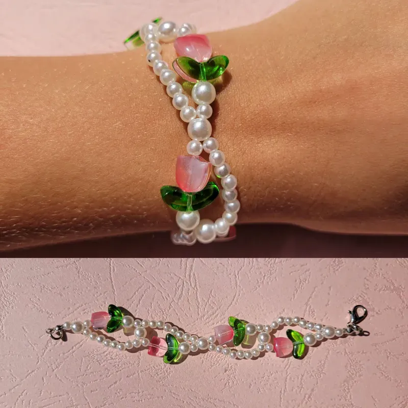 Pulsera trenzada de tulipanes y perlas