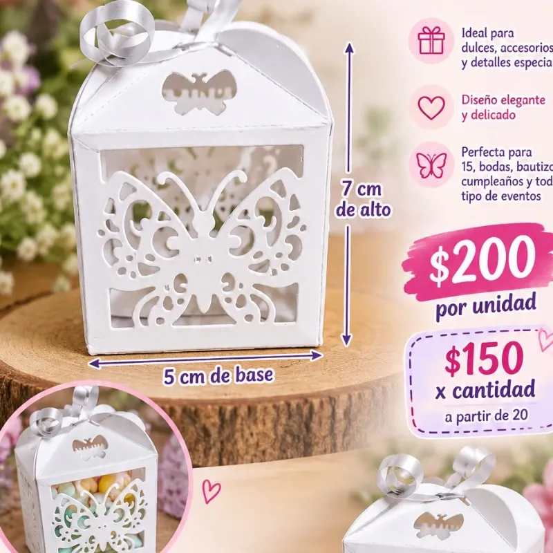 Caja para dulces y accesorios con mariposa calada 5 cm de base x 7 cm de alto