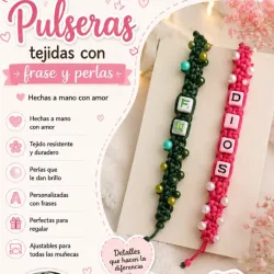 Pulseras tejidas con frases y perlas