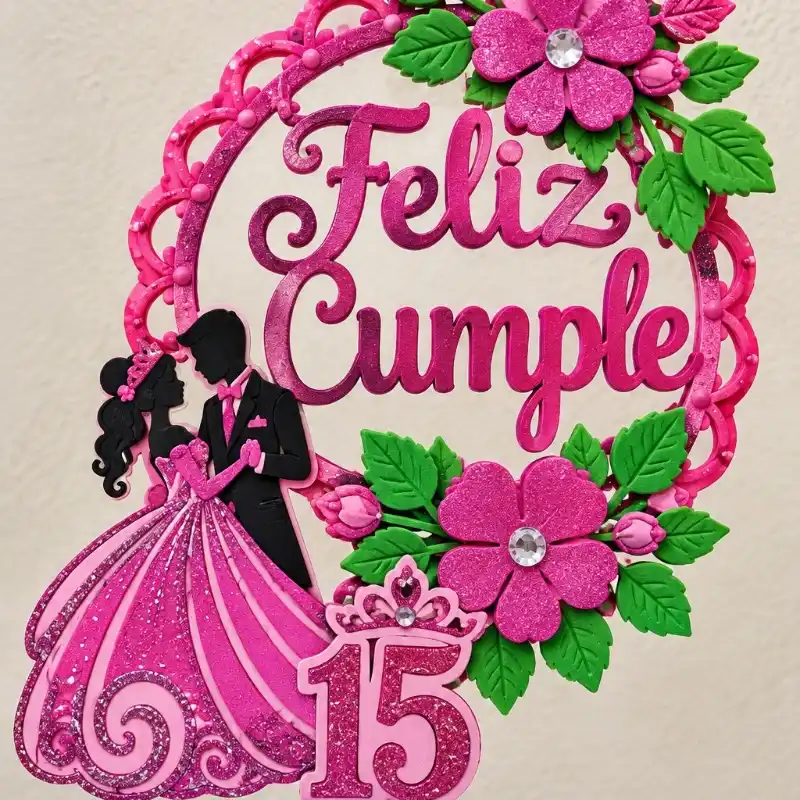 Topper para 15 en círculo con pareja de novios y número 15