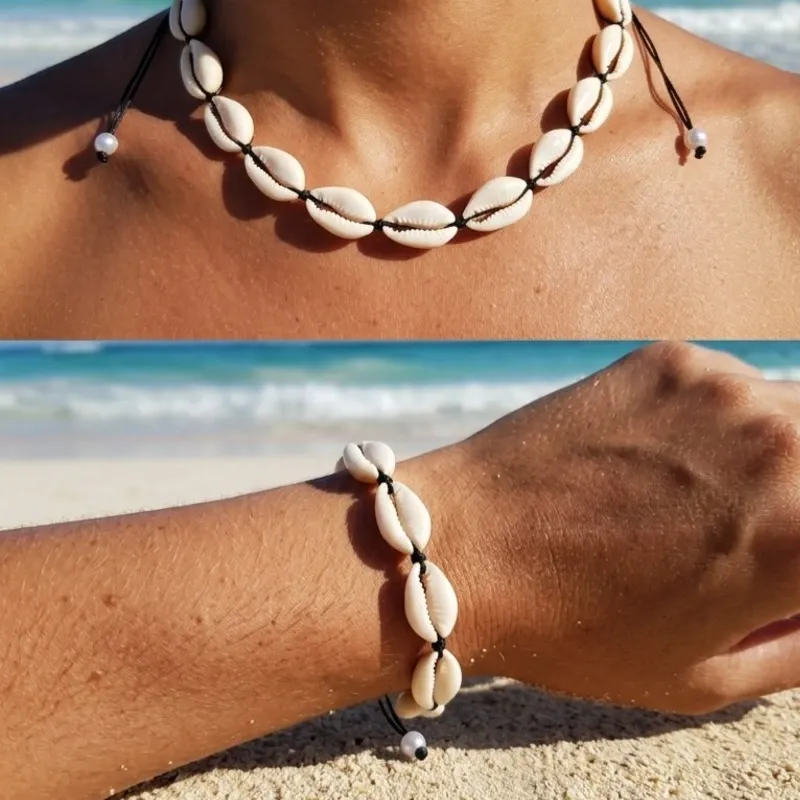 Conjunto de gargantilla y pulsera de caracolas