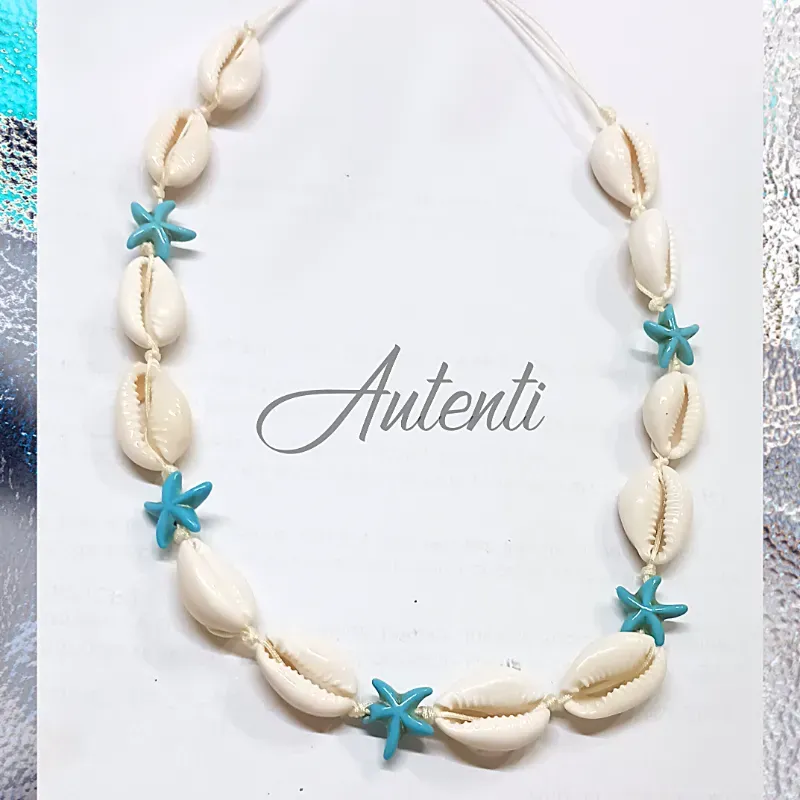 Collar de caracol con estrella de mar azul turquesa 
