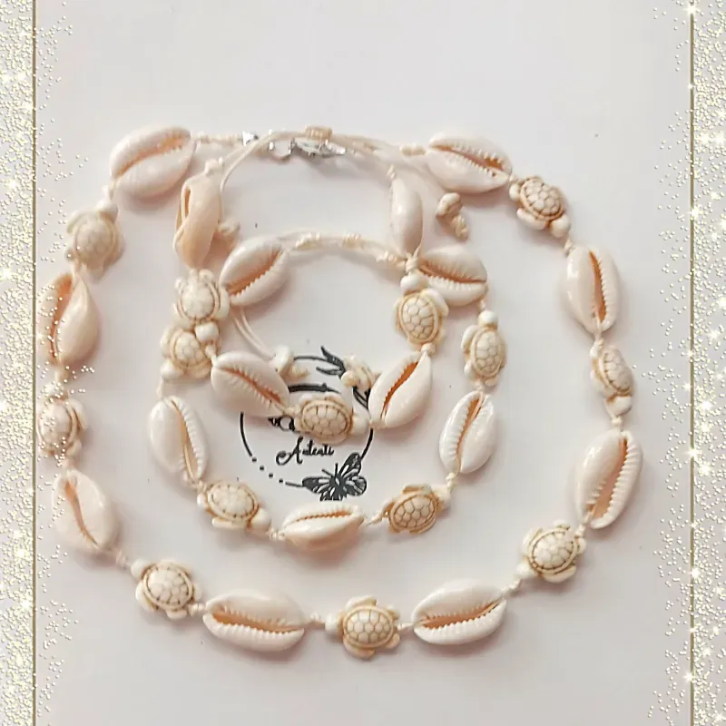 Juego de collar , pulso y tobillera de caracol con tortugas marfil 