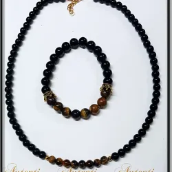 Juego de collar y pulso de onix negras de brillo y ojo de tigre 