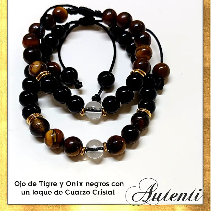 Pulso de onix y ojo de tigre con cuarzo de cristal