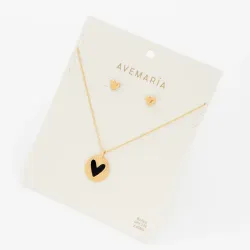 Collar Corazón Negro + Aretes Corazón