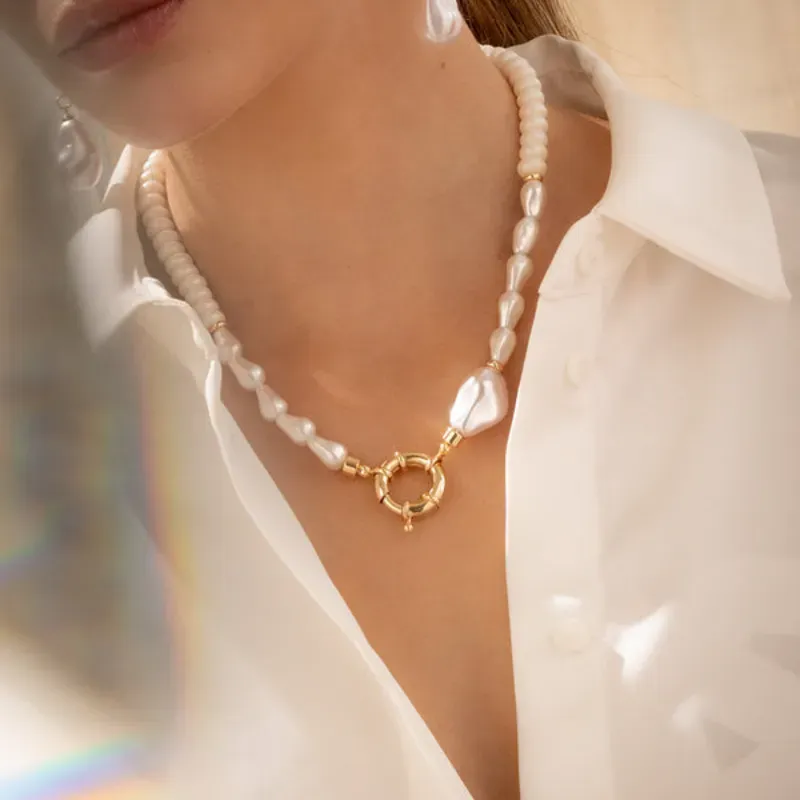 Collar Corbatín Perla + Aretes