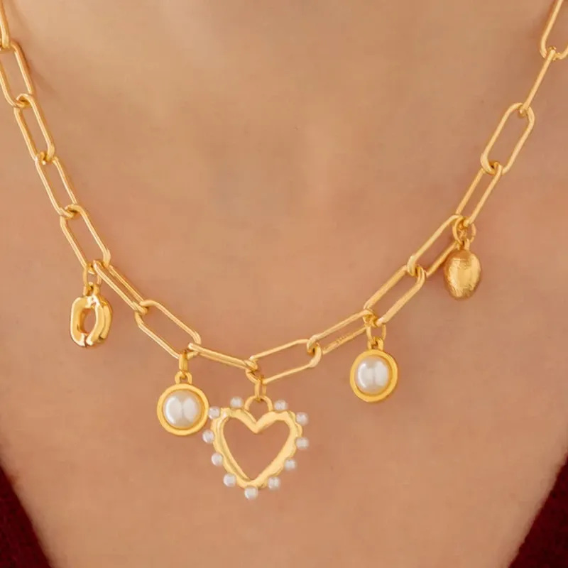 Collar Multicharms Corazón Perla + Aretes