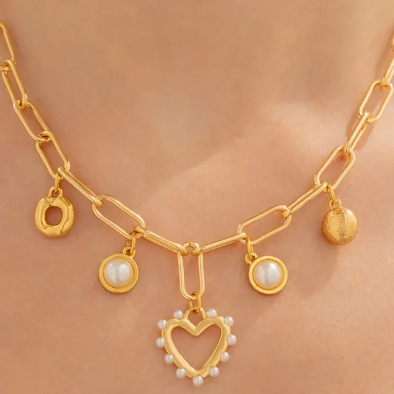 Collar Multicharms Corazón Perla + Aretes