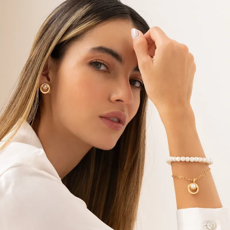 Set Pulsera + Aretes Con Perlas