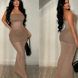 Vestido beich largo de tope con transparencias