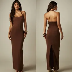 Vestido carmelita largo con cuello cuadrado talla s