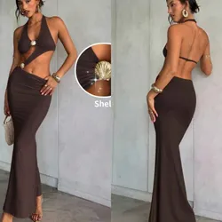 Vestido carmelita largo con detalles dorados