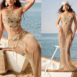 Vestido largo beich tejido con lentejuelas