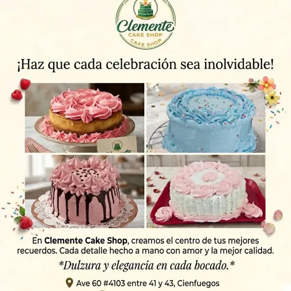 En Clemente Cake Shop, creamos el centro de tus mejores recuerdos, cada detalle hecho a mano con amor y la mejor calidad.
